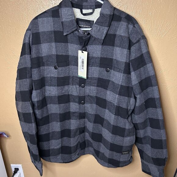 Silver Jeans Co Men’s XL Sherpa Lined Flannel Jacket Black Gray Plaid Snap Front - Picture 1 of 8